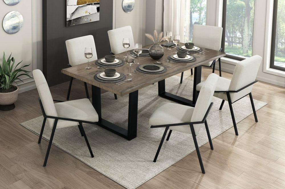 English Elm Modern Oak Veneer Dining Table with Six Cream Upholstered Chairs Black Metal Base B011S01606