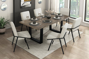 English Elm Modern Oak Veneer Dining Table with Six Cream Upholstered Chairs Black Metal Base B011S01606