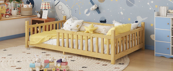 English Elm Twin Montessori Floor Bed House Frame with Led Lighting and Safety Rails for Kids Natural W2593P440573