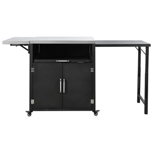 English Elm Versatile Outdoor Cabinet with Foldable Stainless Top, Extendable Iron Panel, Locking Wheels, Matte Black N719P244805B