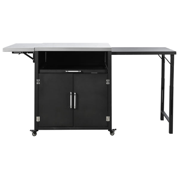 English Elm Versatile Outdoor Cabinet with Foldable Stainless Top, Extendable Iron Panel, Locking Wheels, Matte Black N719P244805B