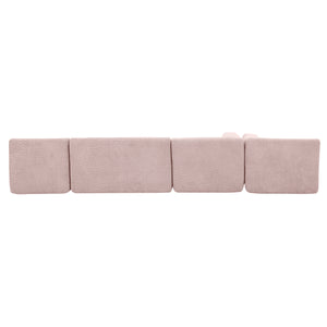English Elm 144" Upholstered L-Shape Sofa with Bouclé Fabric, Plush Pocket-Spring Seats & Five Pillows for Living Room Pink N719S001850P