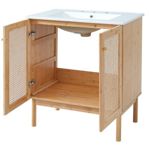 English Elm 30-inch bamboo bathroom vanity with handwoven rattan doors, soft-close hinges, ample storage beauty WF530472AAD