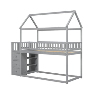 English Elm Twin/twin House Bunk Bed Solid Pine Playhouse Frame with Storage Drawers Shelves Grey W697S00033