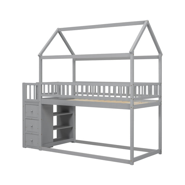 English Elm Twin/twin House Bunk Bed Solid Pine Playhouse Frame with Storage Drawers Shelves Grey W697S00033
