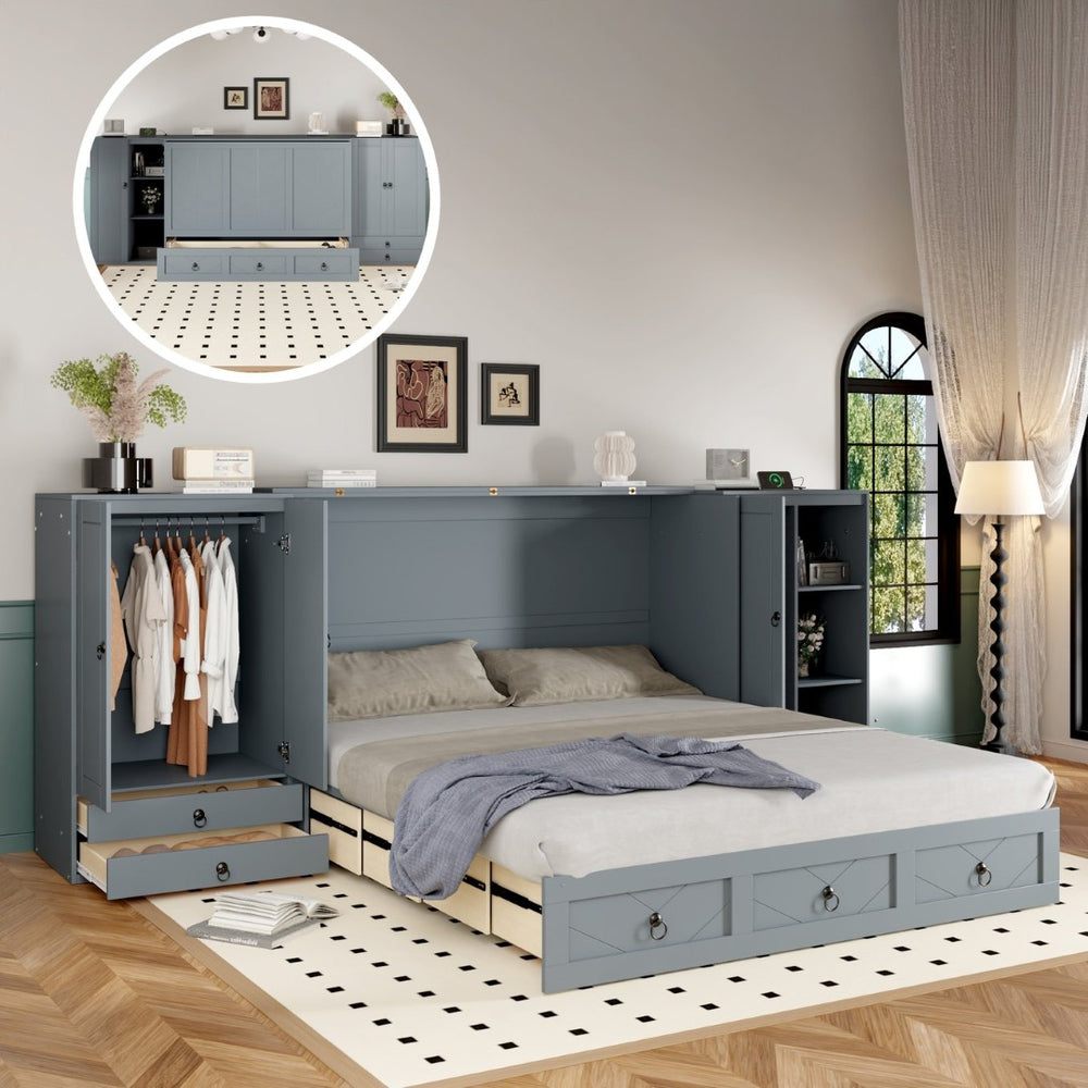 English Elm Queen Murphy Bed with Wardrobe Cabinets Built-in Usb Charging and Concealed Drawers Gray LP000590AAE