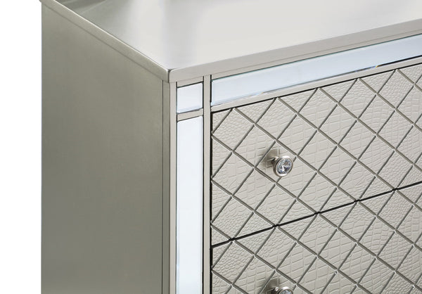 English Elm 1pc Glam 5-Drawer Bedroom Chest with Mirrored Accents Crosshatch Drawer Fronts Champagne Finish Silver 65.75 L x 21.75 W x 38.25 H B2741P367218