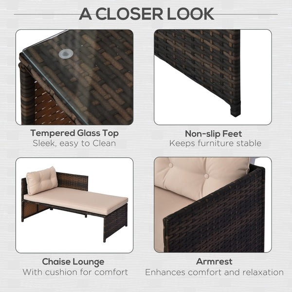 English Elm Outsunny 3-Piece Rattan Patio Furniture Set With Chaise Lounge, Loveseat & Glass Table For Relaxation W2225P217678-GIGA