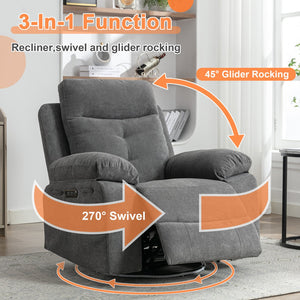 English Elm Power Recliner Glider Chair with Bluetooth Speaker, 270° Swivel, LED Light, USB & Type-C Ports, Storage Pockets, Button Controls W1203P173383