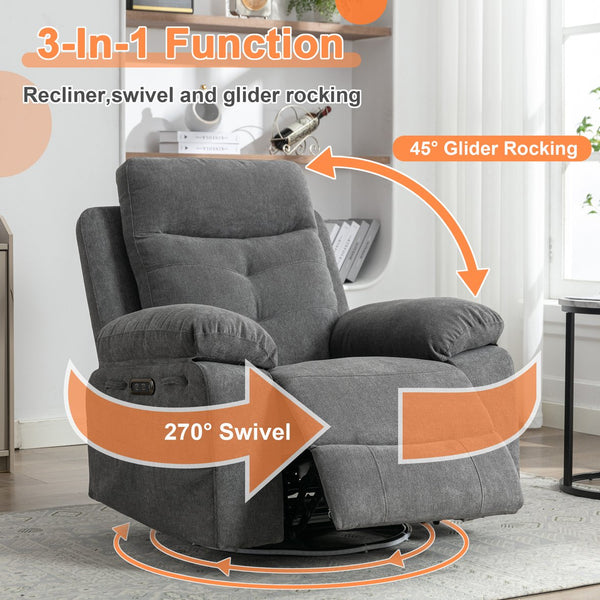English Elm Power Recliner Glider Chair with Bluetooth Speaker, 270° Swivel, LED Light, USB & Type-C Ports, Storage Pockets, Button Controls W1203P173383