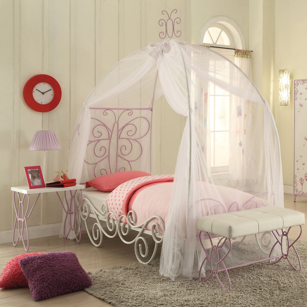 English Elm White Butterfly Tufted Bench in White Faux Leather with Light Pink Finish, Armless, Comfortable Seat B062P208996