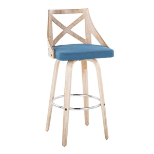 English Elm Charlotte 30" Farmhouse Barstool Set of 2 — Whitewashed Wood X-Back, Blue Fabric Cushions, 360° Swivel B202S00497