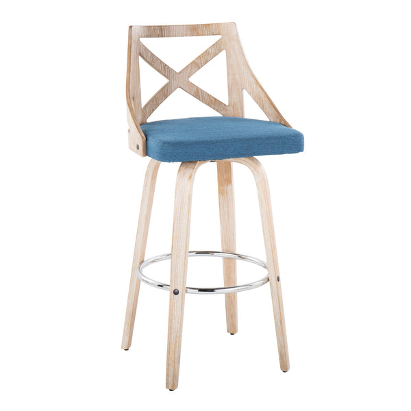 English Elm Charlotte 30" Farmhouse Barstool Set of 2 — Whitewashed Wood X-Back, Blue Fabric Cushions, 360° Swivel B202S00497