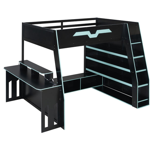 English Elm Full Size Wood Loft Bed with Rgb Lighting Desk and Multi-tier Shelves for Gaming Blue LT000374AAC