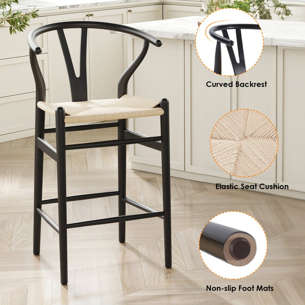 English Elm Fully Assembled Wishbone Barstool - Beige Paper Rope Seat, Solid Ash Wood, Eco Finish, 350LB Capacity T3623P379810