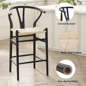English Elm Fully Assembled Wishbone Barstool - Beige Paper Rope Seat, Solid Ash Wood, Eco Finish, 350LB Capacity T3623P379810