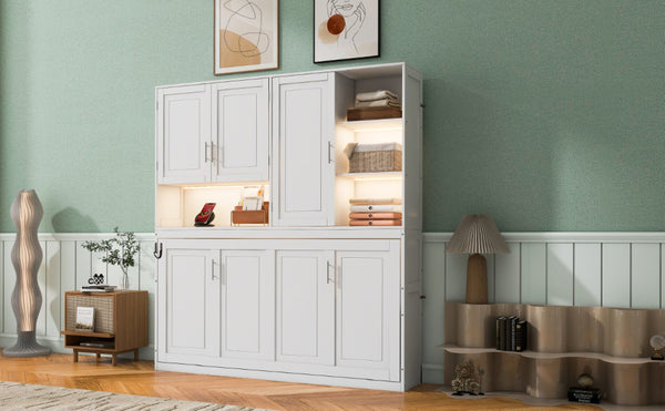 English Elm Twin Murphy Bed with Cabinet Shelves Built in Lighting Usb Ports Space Saving Wall Unit White LP000389AAK-1