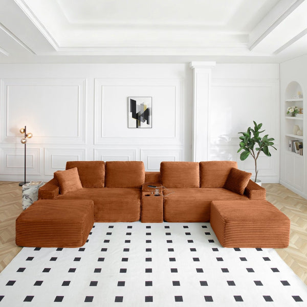 English Elm 125'' Modular L-shape Sectional Corduroy Cloud Couch with Storage and Usb Charging Orange W1117S00422