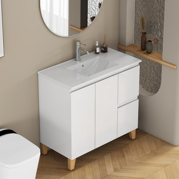 English Elm 36-inch Glossy White Bathroom Vanity with Ceramic Sink Soft Close Drawers Minimalist W3151S00068