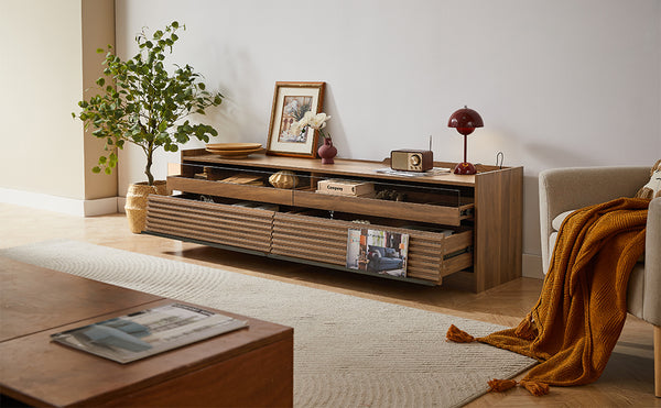 English Elm Christopher Knight Home® - Mirod Modern TV Stand with 4 Drawers, Tempered Glass Top, Built-In Charging Ports & LED Lighting Walnut N760P255436Z