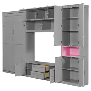 English Elm Twin Murphy Wall Bed with Integrated Tv Stand Open Shelving and Cabinet Storage LP000768AAE