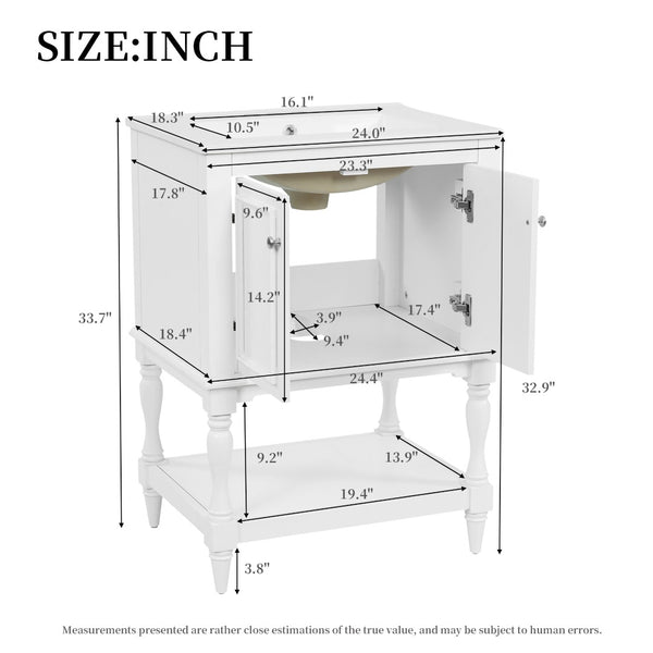 English Elm 24'' French Style Bathroom Vanity with Ceramic Sink Soft Close Cabinet and Drawer White N710P411341K