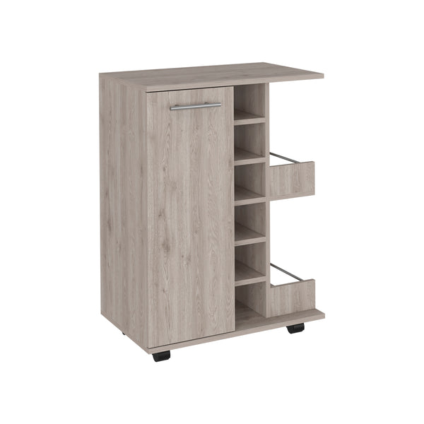 English Elm Bar Bar Cart Glass Door Cabinet with Two Shelves, Six Bottle Cubbies, Locking Casters, Rail Top Beige 33.46 L x 18.89 W x 7.09 H B097133078