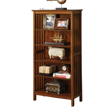 English Elm Transitional Oak Media Shelf with Lattice Molding, Solid Wood Five Open Shelves 23"W x 42.5"H B2741P342788