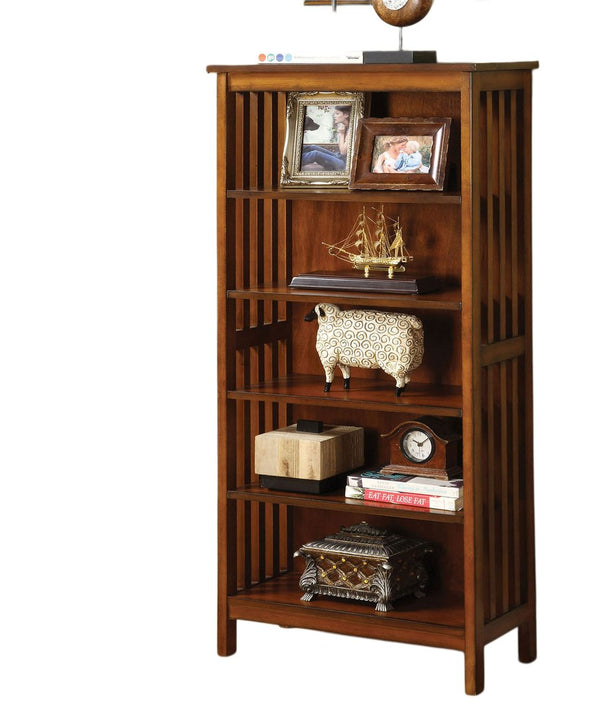 English Elm Transitional Oak Media Shelf with Lattice Molding, Solid Wood Five Open Shelves 23"W x 42.5"H B2741P342788