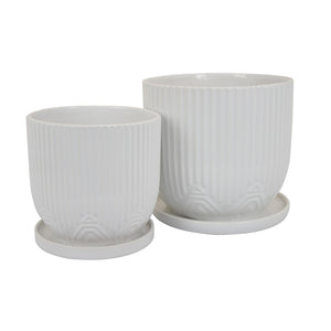 English Elm Leela Ribbed Ceramic Planter Set with Saucers Glazed White Architectural Indoor Decor B056P417089