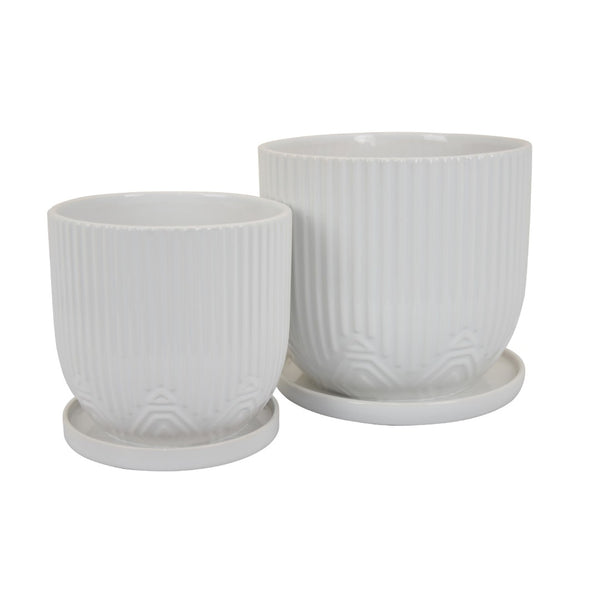 English Elm Leela Ribbed Ceramic Planter Set with Saucers Glazed White Architectural Indoor Decor B056P417089