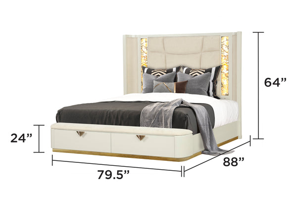 English Elm La Pierre Luxurious 4 Pc King Upholstered Bedroom Set With Gold Accents And Ambient Lighting B009S02121