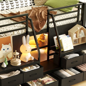 English Elm Twin Low Loft Bed with Shelves Fabric Drawers and Under Bed Study Nook Metal Frame Black W5305S00043