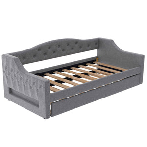 English Elm Upholstered Twin XL Daybed with Built-In LED Belt and Trundle, Linen Backrest, Modern Guest Bed Gray DL002050AAE