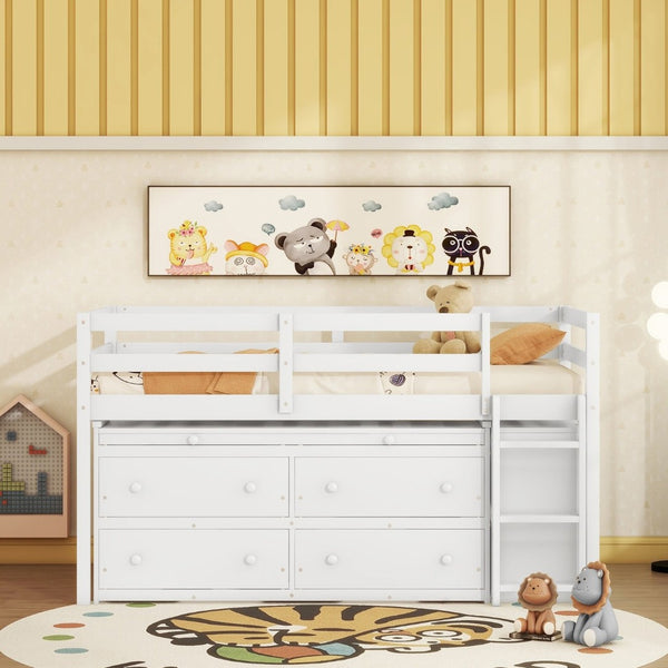 English Elm Twin Loft Bed Pinewood Frame Four Drawers Retractable Study Desk Kids Bedroom White LT000368AAK