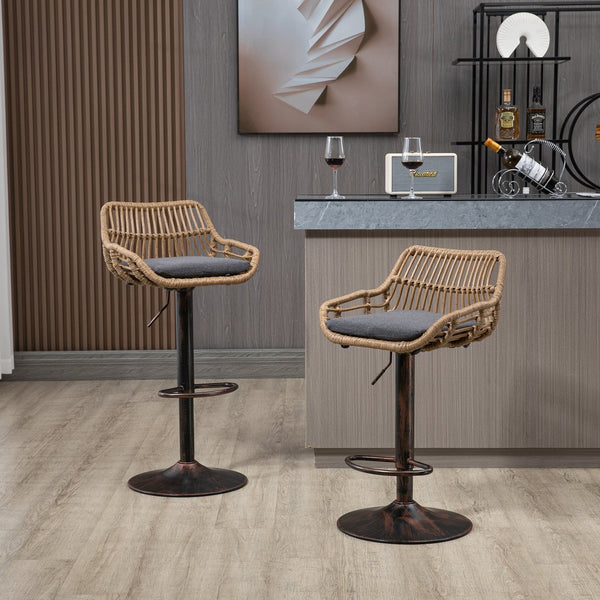 English Elm Modern Swivel Bar Stools Set of 2 Adjustable Counter Height Chairs with Linen Seat Vintage Gold Frame Gray W39594823
