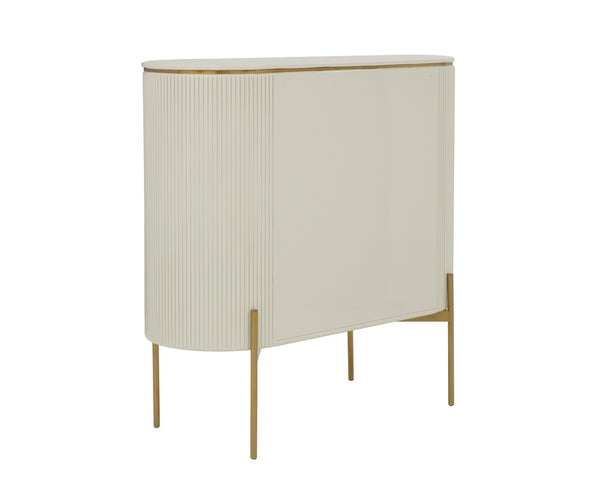 Sunpan PALOMA Bar Cabinet - Luxurious High-Gloss Cream Storage with Curved Design & Gold Accents 111219