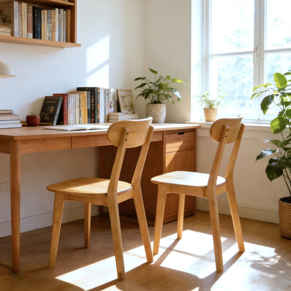 English Elm Solid Natural Wood Mid-century Dining Chairs Curved Back Upholstered Seat Set of 2 W3204P429362