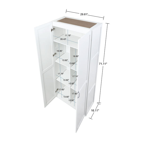 English Elm Cornelia White Storage Cabinet 71" Tall MDF with 7 Adjustable Shelves, Soft-Close Doors & Handles B365P397856