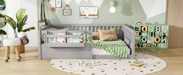 English Elm Twin Low Profile Kids Floor Bed Pine Wood Frame with Safety Rail and Built in Bookshelf Gray W1580P373140