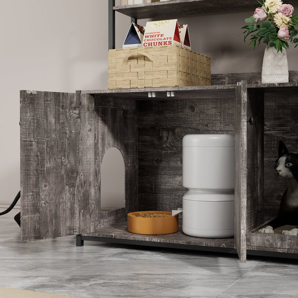 English Elm Large Cat Litter Box Enclosure with Shelf Storage, Dual Magnetic Doors, Sturdy MDF Wood Cabin with Scratch Pad and Hidden Washroom for Indoor Cats W578P303859