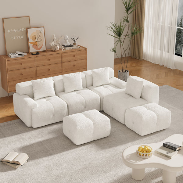 English Elm 135.4" 6-Piece U-Shaped Sleeper Modular Sectional Sofa Bed with Chaise, Tufted Fuzzy Fabric, 6-Seater Comfort Ivory W3118S00022