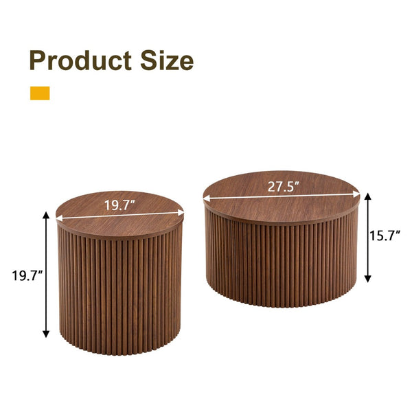 English Elm 2-piece Round Nesting Tables with Fluted Column Base Hidden Storage Oak Grain Finish Walnut W3875P396845