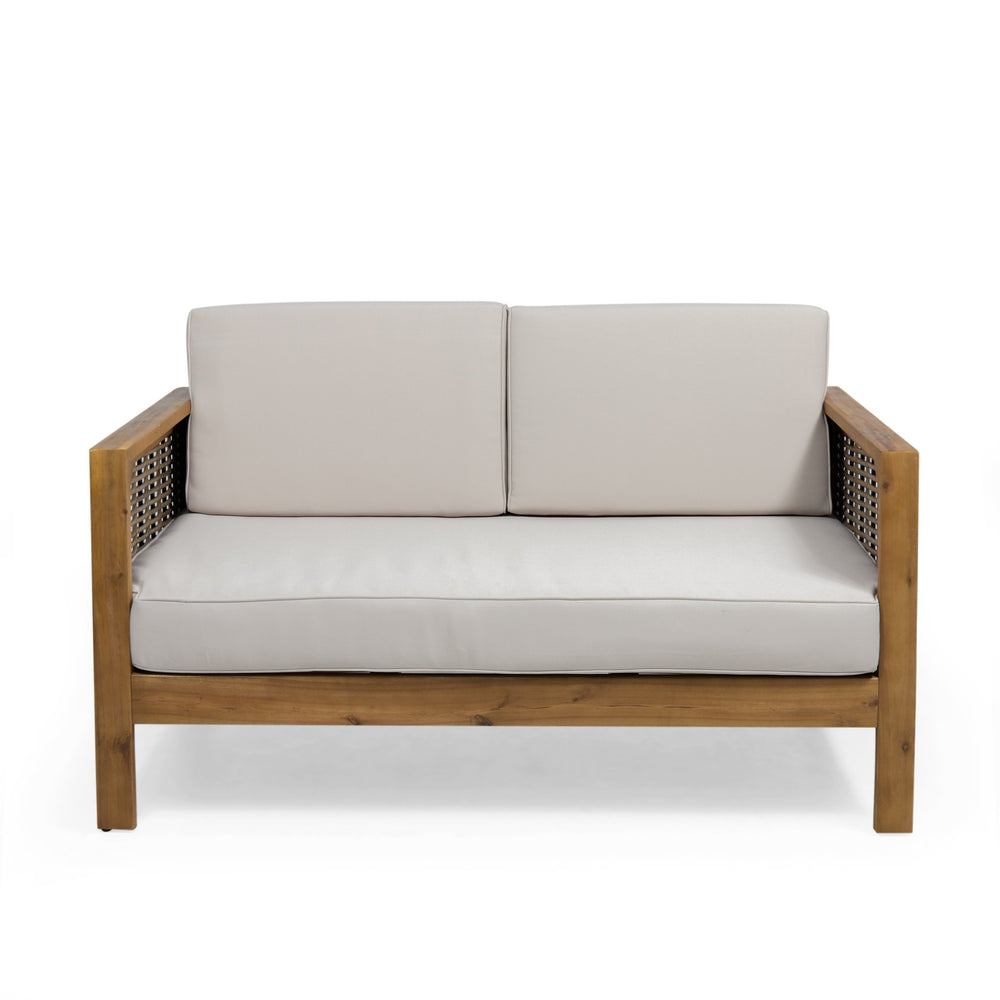 English Elm Christopher Knight Home® - Outdoor 4-Piece Acacia Wood Chat Set With Wicker Accents, Water-Resistant Cushions & Teak Finish 68942.00BGE-2_70141.00BGE