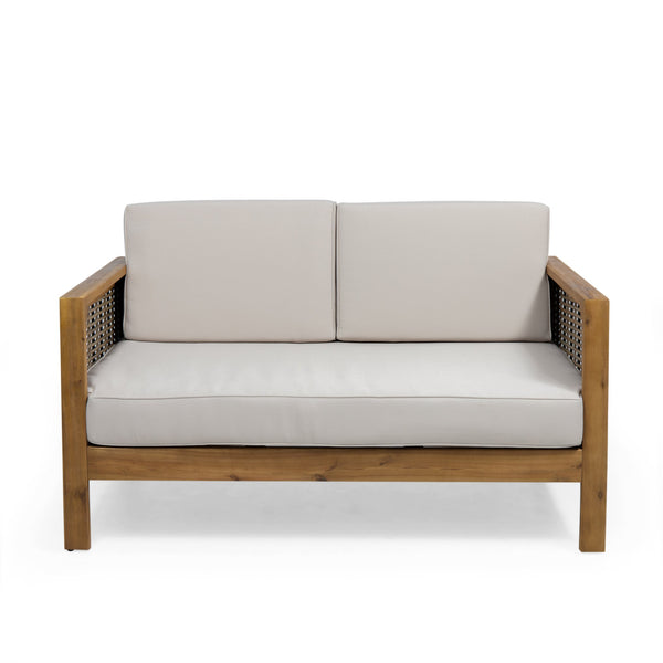 English Elm Christopher Knight Home® - Outdoor 4-Piece Acacia Wood Chat Set With Wicker Accents, Water-Resistant Cushions & Teak Finish 68942.00BGE-2_70141.00BGE