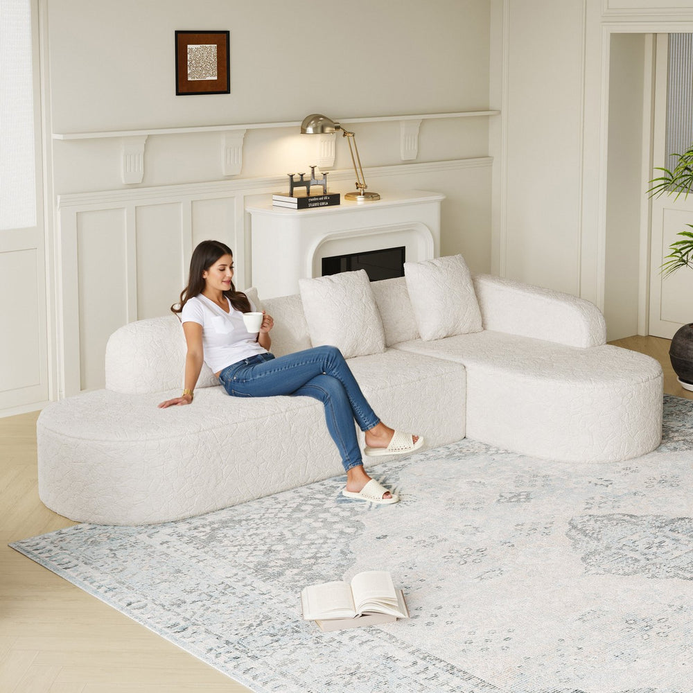 English Elm 111.8-Inch L-Shaped Curved Modular Sofa - Modern Lychee-Textured Fabric With 3 Pillows For Comfort W834S00540