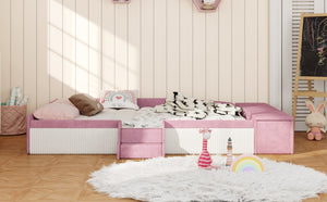 English Elm Queen Velvet Daybed with Built-in Stairs Gas Lift Storage and Padded Safety Rails Pink+White SF000203AAH