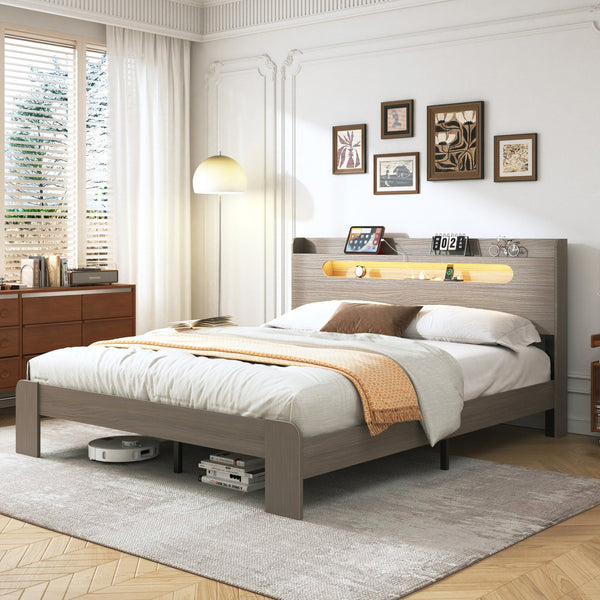 English Elm Bed Frame Queen Size - Modern Wood Platform With Led Headboard, Usb Ports & Spacious Under-Bed Storage W636P210857