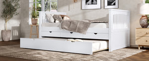 English Elm Twin Solid Wood Platform Bed with Trundle and Two Drawers, White Daybed for Kids Guests Off White W1580S00262