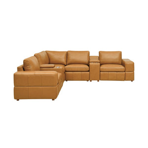 English Elm Premium Leather Match Sectional with Dual Recliners Cup Holders and Storage Console Ginger B2748S00153